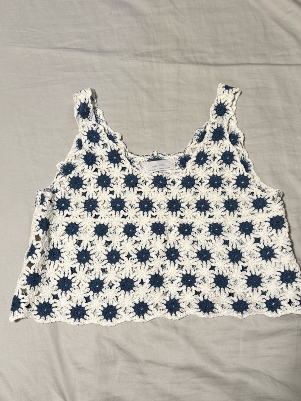 OAK + FORT White Crochet Tank with Navy Floral Motifs